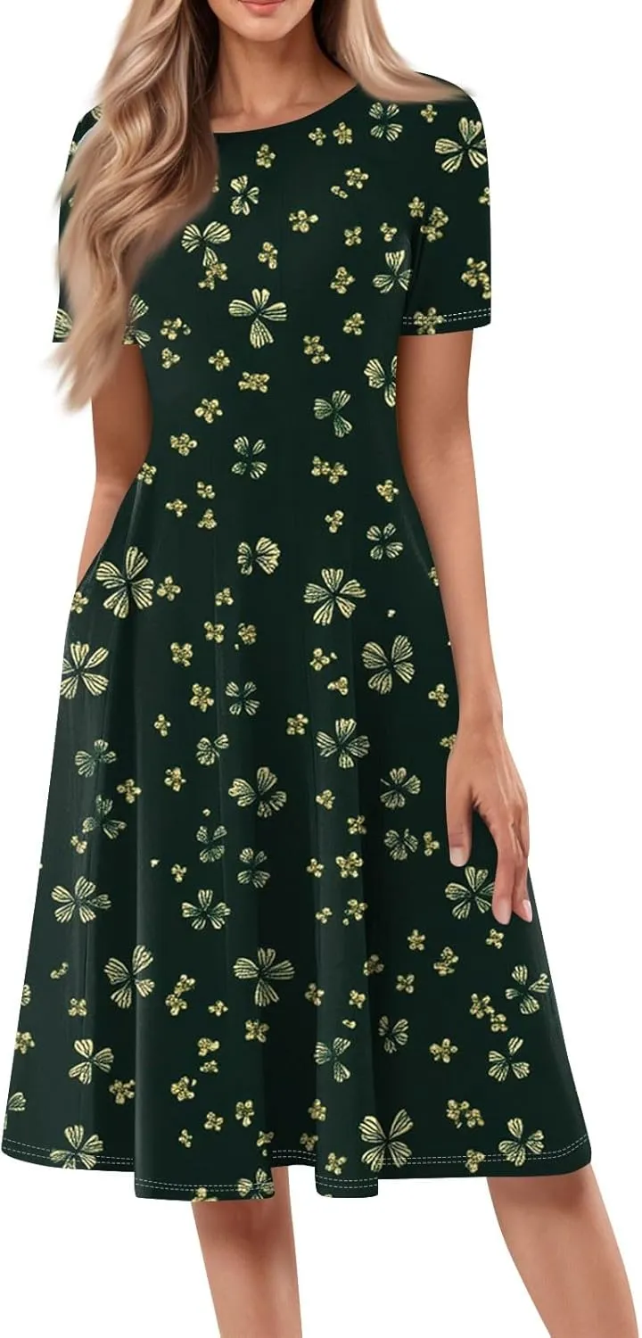 Women's Boho Dress Summer Casual Loose Trendy Short Sleeve Crew Neck Floral Print Midi Dresses 2025 Plus Size, S-3XL