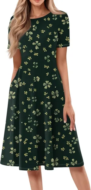 Women's Boho Dress Summer Casual Loose Trendy Short Sleeve Crew Neck Floral Print Midi Dresses 2025 Plus Size, S-3XL