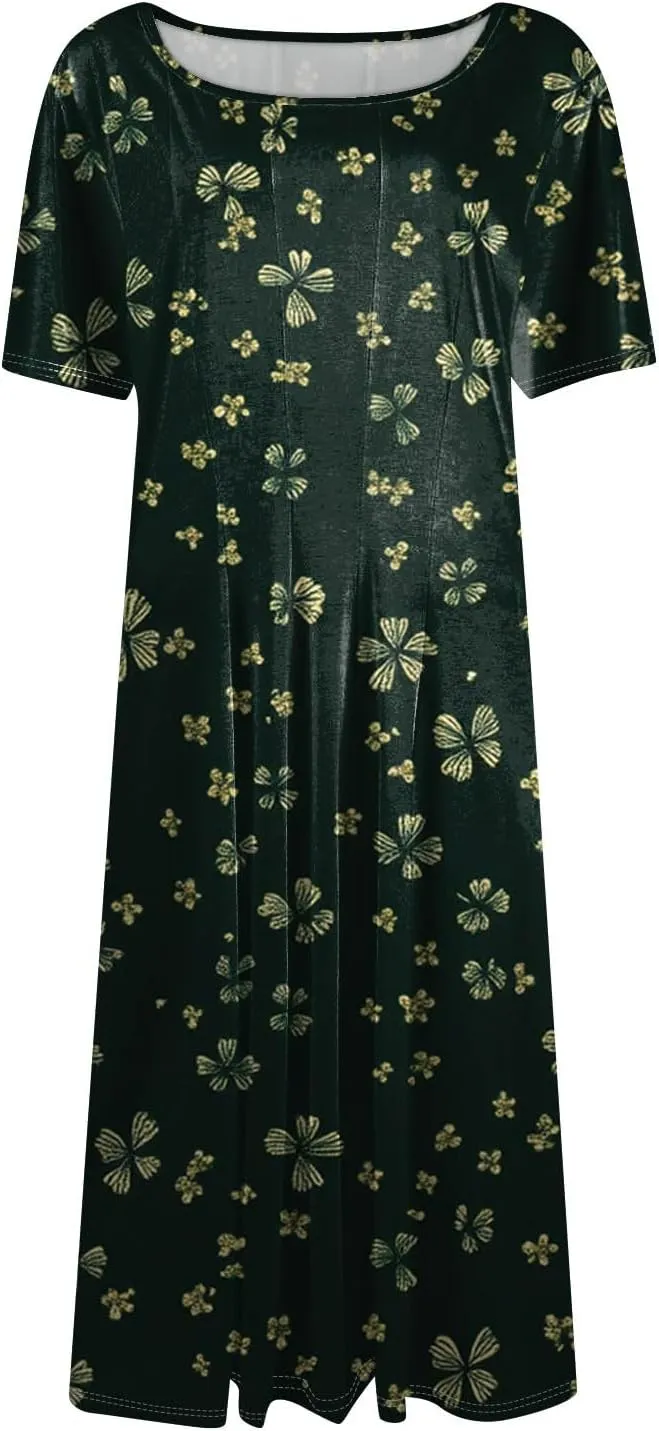 Women's Boho Dress Summer Casual Loose Trendy Short Sleeve Crew Neck Floral Print Midi Dresses 2025 Plus Size, S-3XL
