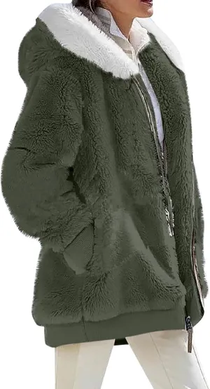 Womens Coats Fuzzy Fleece Cardigan Winter Warm Zip Up Hooded Sherpa Jackets 2024 Fluffy Outerwear with Pocket S-5XL