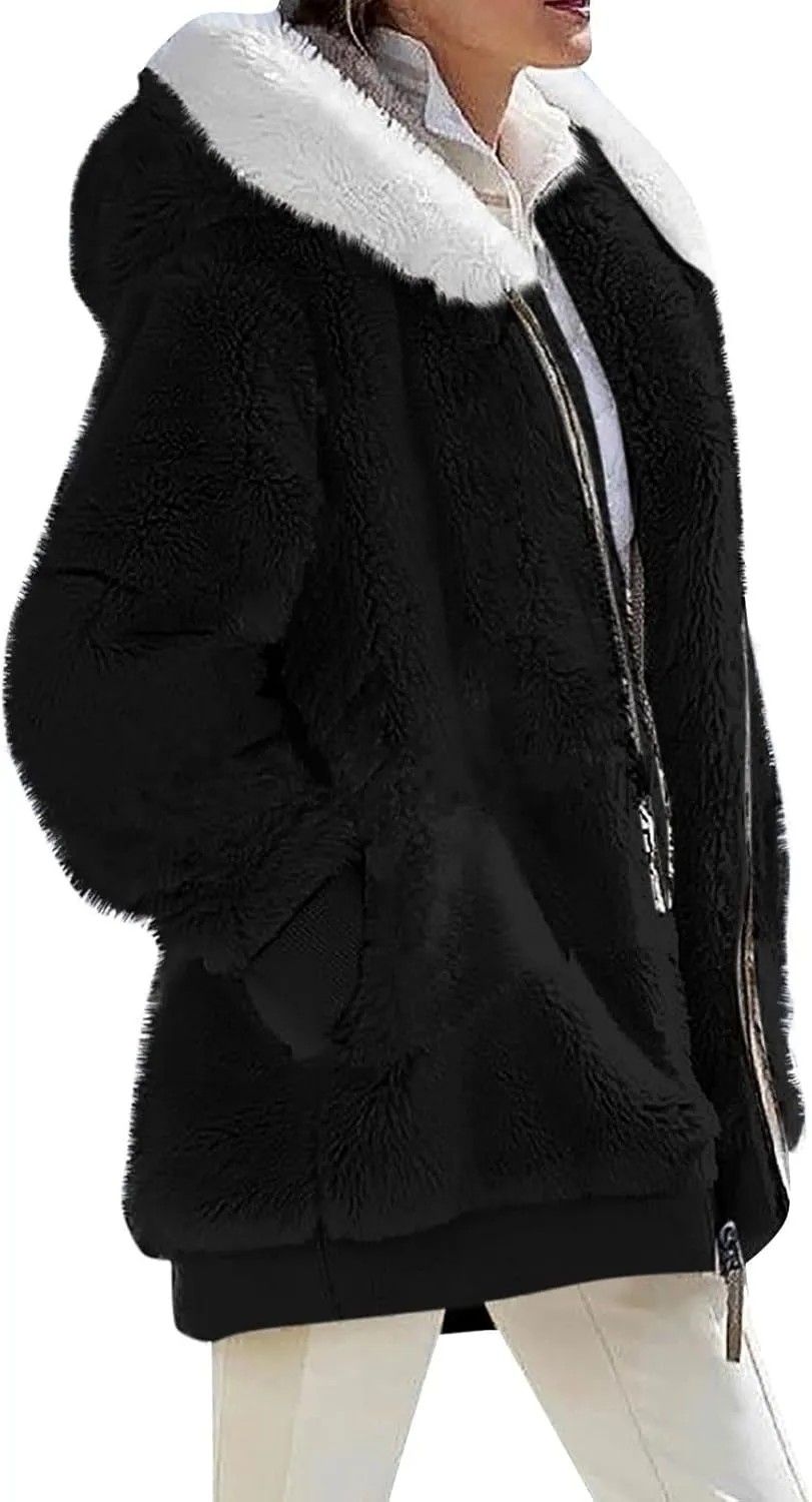 Womens Coats Fuzzy Fleece Cardigan Winter Warm Zip Up Hooded Sherpa Jackets 2024 Fluffy Outerwear with Pocket S-5XL