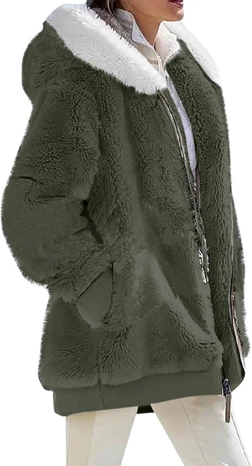 Womens Coats Fuzzy Fleece Cardigan Winter Warm Zip Up Hooded Sherpa Jackets 2024 Fluffy Outerwear with Pocket S-5XL