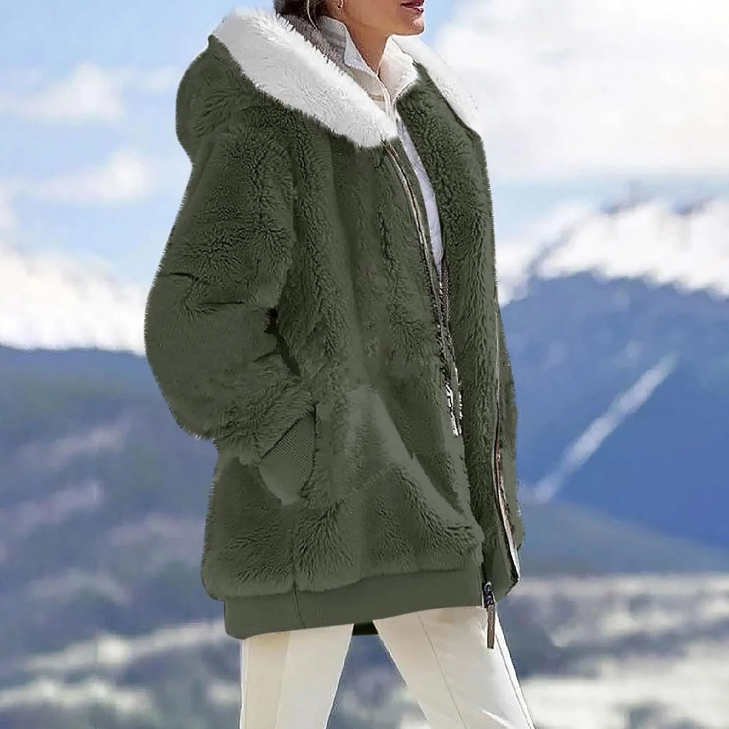 Womens Coats Fuzzy Fleece Cardigan Winter Warm Zip Up Hooded Sherpa Jackets 2024 Fluffy Outerwear with Pocket S-5XL