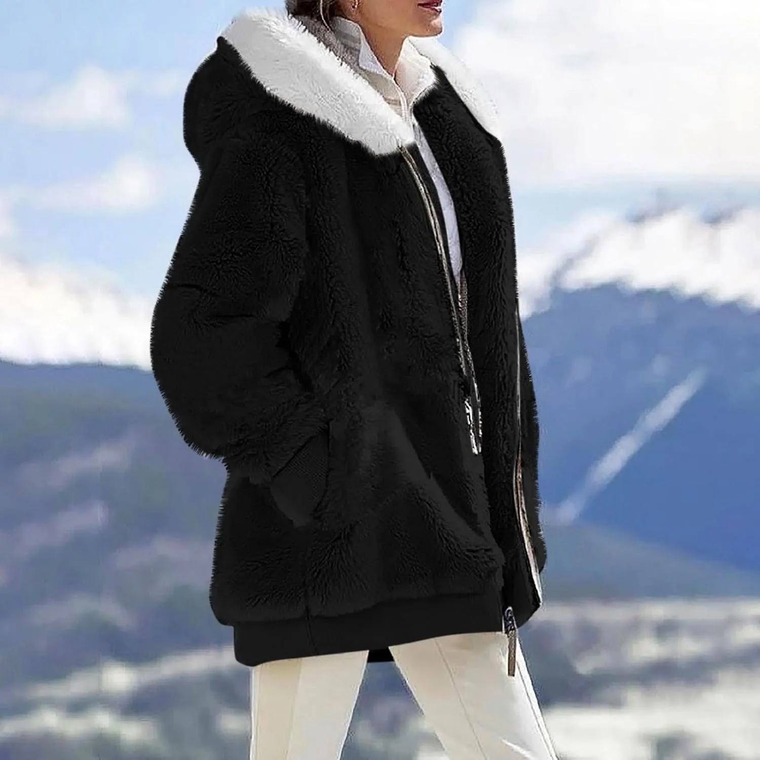 Womens Coats Fuzzy Fleece Cardigan Winter Warm Zip Up Hooded Sherpa Jackets 2024 Fluffy Outerwear with Pocket S-5XL