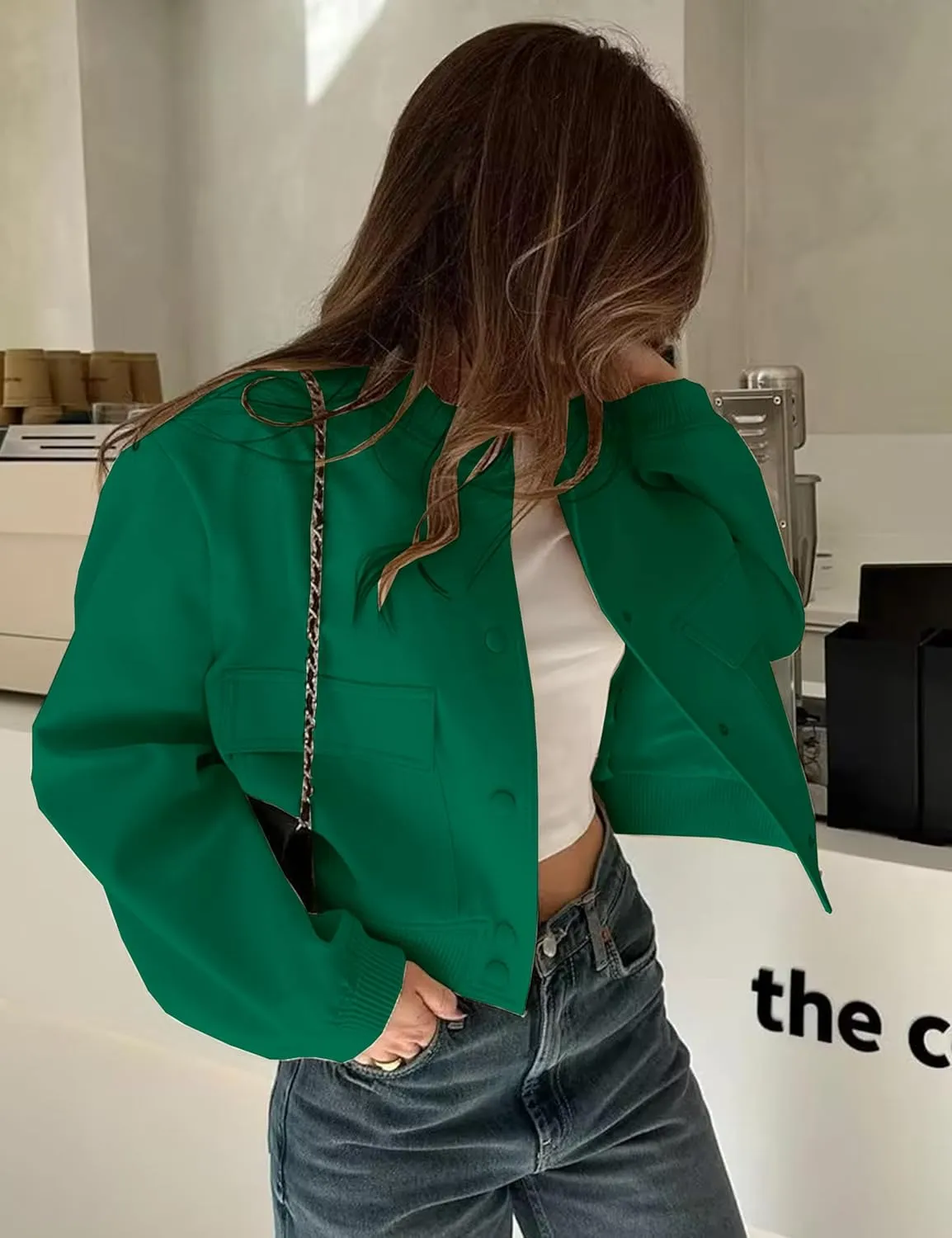 Womens Cropped Bomber Jacket Button Down Varsity Jackets Shackets with Pockets