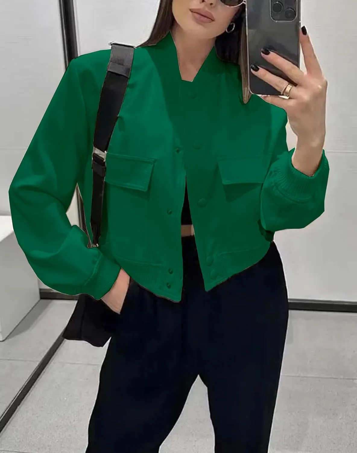 Womens Cropped Bomber Jacket Button Down Varsity Jackets Shackets with Pockets