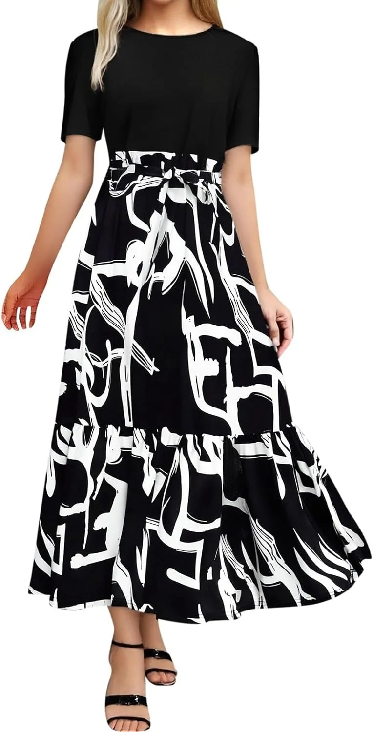 Women's Maxi Dress Floral Print Wrap Short Sleeve Summer Dresses High Waist Swing A Line Sundress Beach Vacaton Outfit 2025
