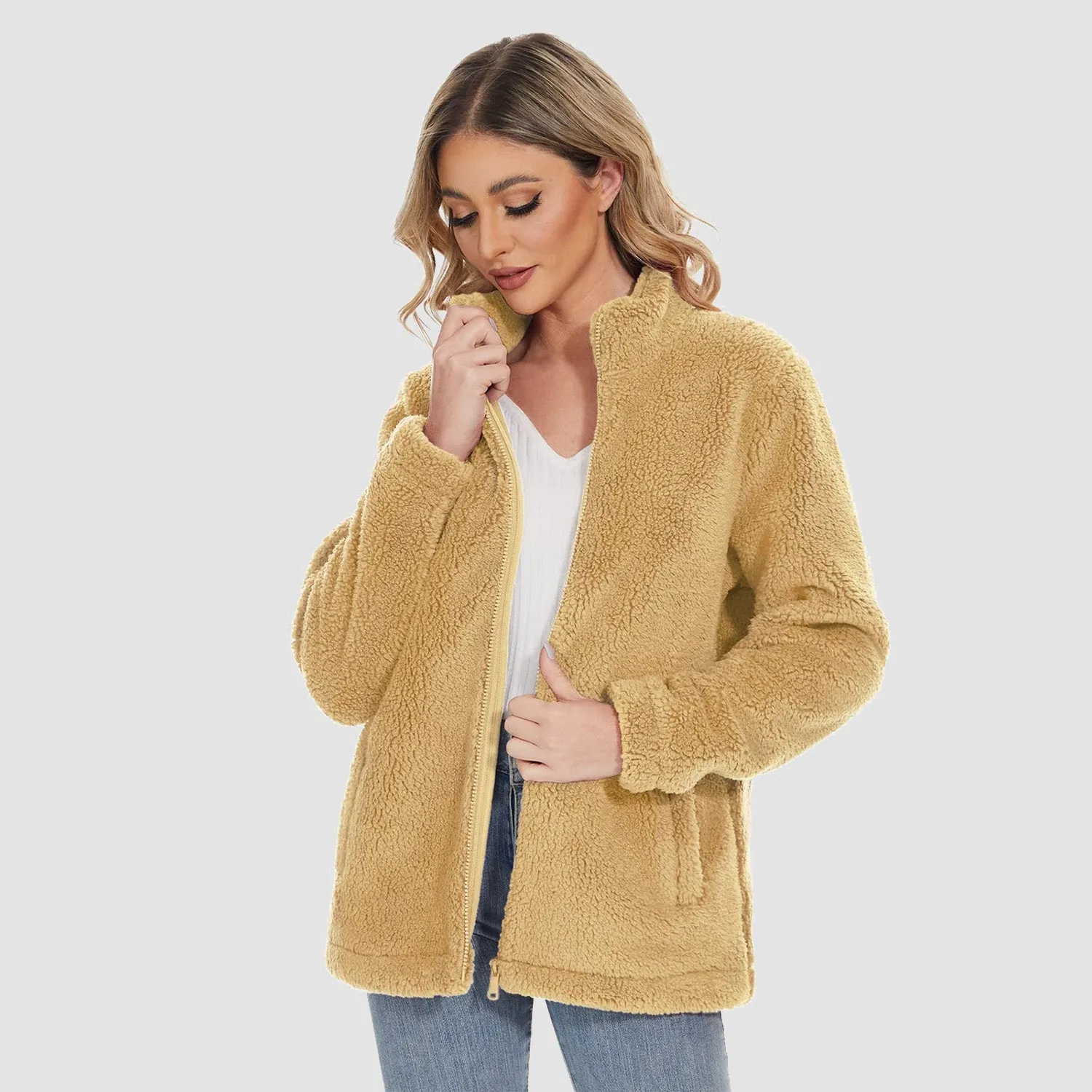 Women's Sherpa Jacket Full-Zip Fuzzy Fleece Teddy Casual Coats Zip Pockets Winter Warm Soft Jackets