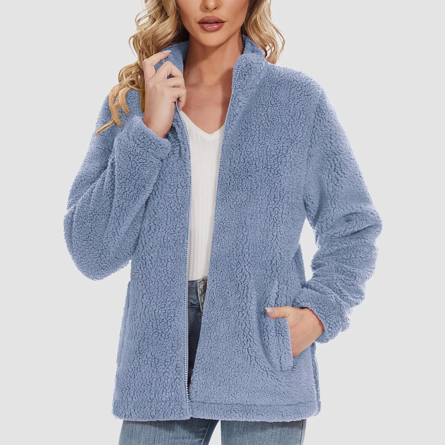 Women's Sherpa Jacket Full-Zip Fuzzy Fleece Teddy Casual Coats Zip Pockets Winter Warm Soft Jackets