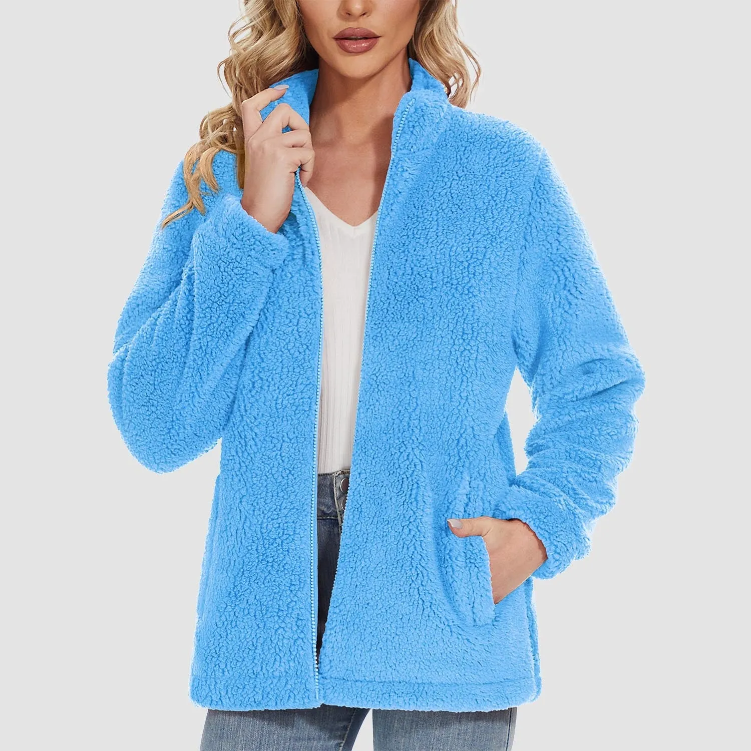 Women's Sherpa Jacket Full-Zip Fuzzy Fleece Teddy Casual Coats Zip Pockets Winter Warm Soft Jackets