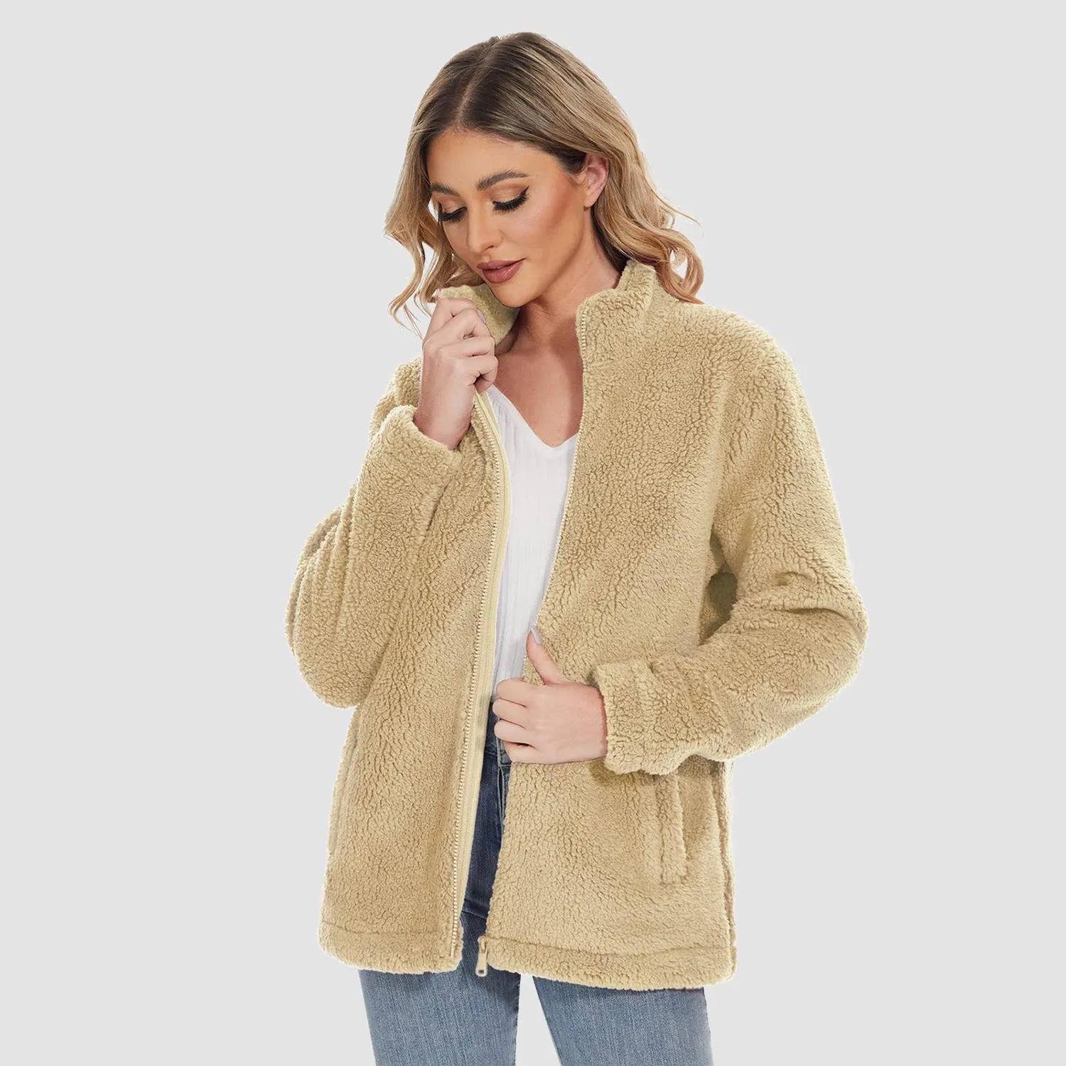 Women's Sherpa Jacket Full-Zip Fuzzy Fleece Teddy Casual Coats Zip Pockets Winter Warm Soft Jackets