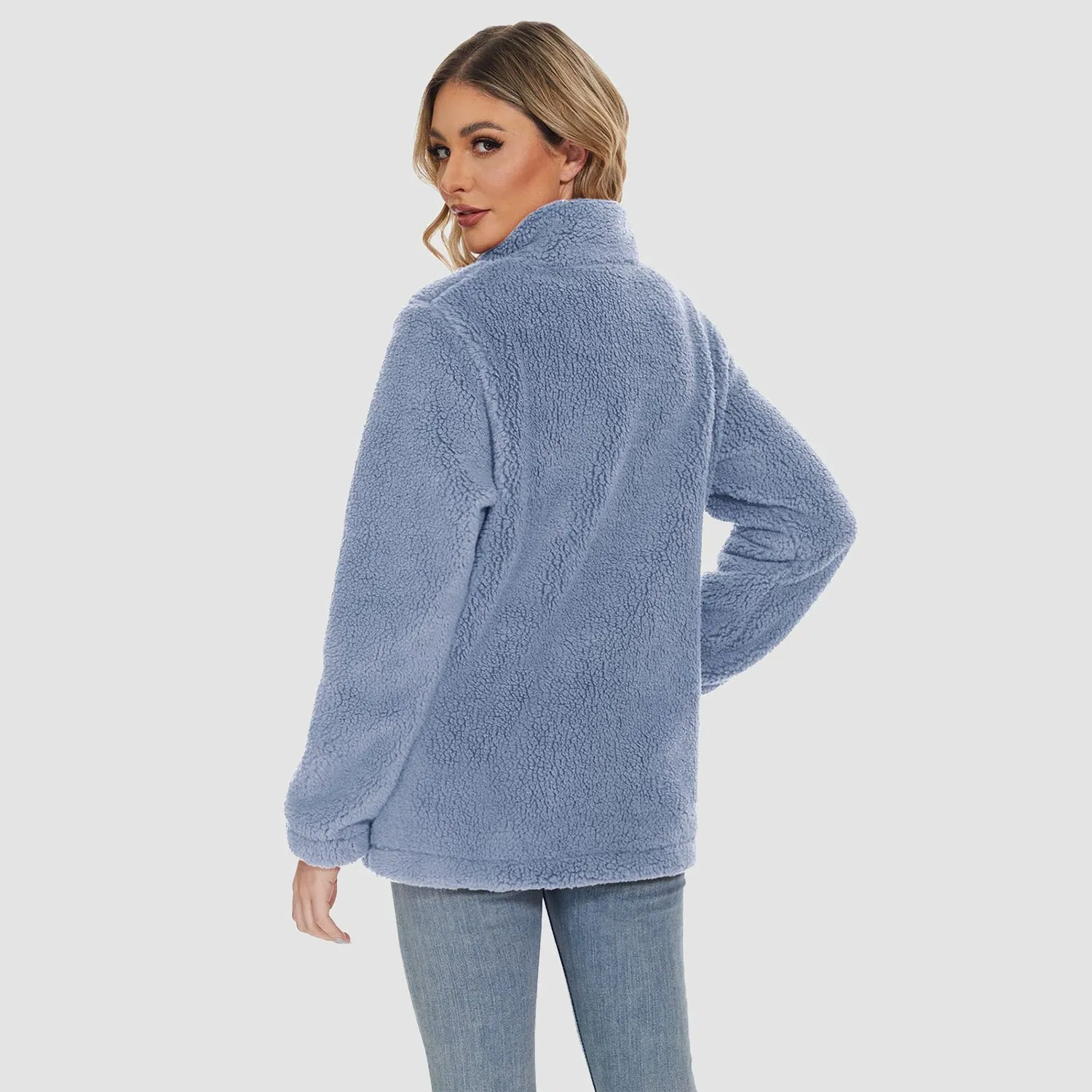 Women's Sherpa Jacket Full-Zip Fuzzy Fleece Teddy Casual Coats Zip Pockets Winter Warm Soft Jackets