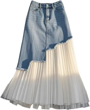 Women's Spring Summer High Waisted Splicing Pleated A Line Long Denim Skirt Zipper-Fly Wrap Hip Skirts