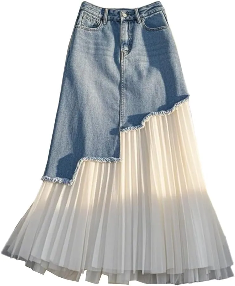 Women's Spring Summer High Waisted Splicing Pleated A Line Long Denim Skirt Zipper-Fly Wrap Hip Skirts