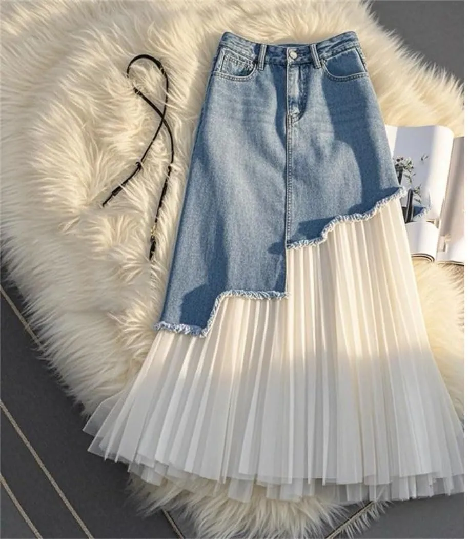Women's Spring Summer High Waisted Splicing Pleated A Line Long Denim Skirt Zipper-Fly Wrap Hip Skirts