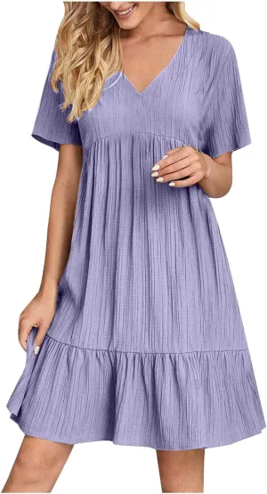 Women's Summer Dress 2024 Loose Crew Neck Short Sleeve Solid Sundress Casual Pleated Flowy Beach Mini Dresses