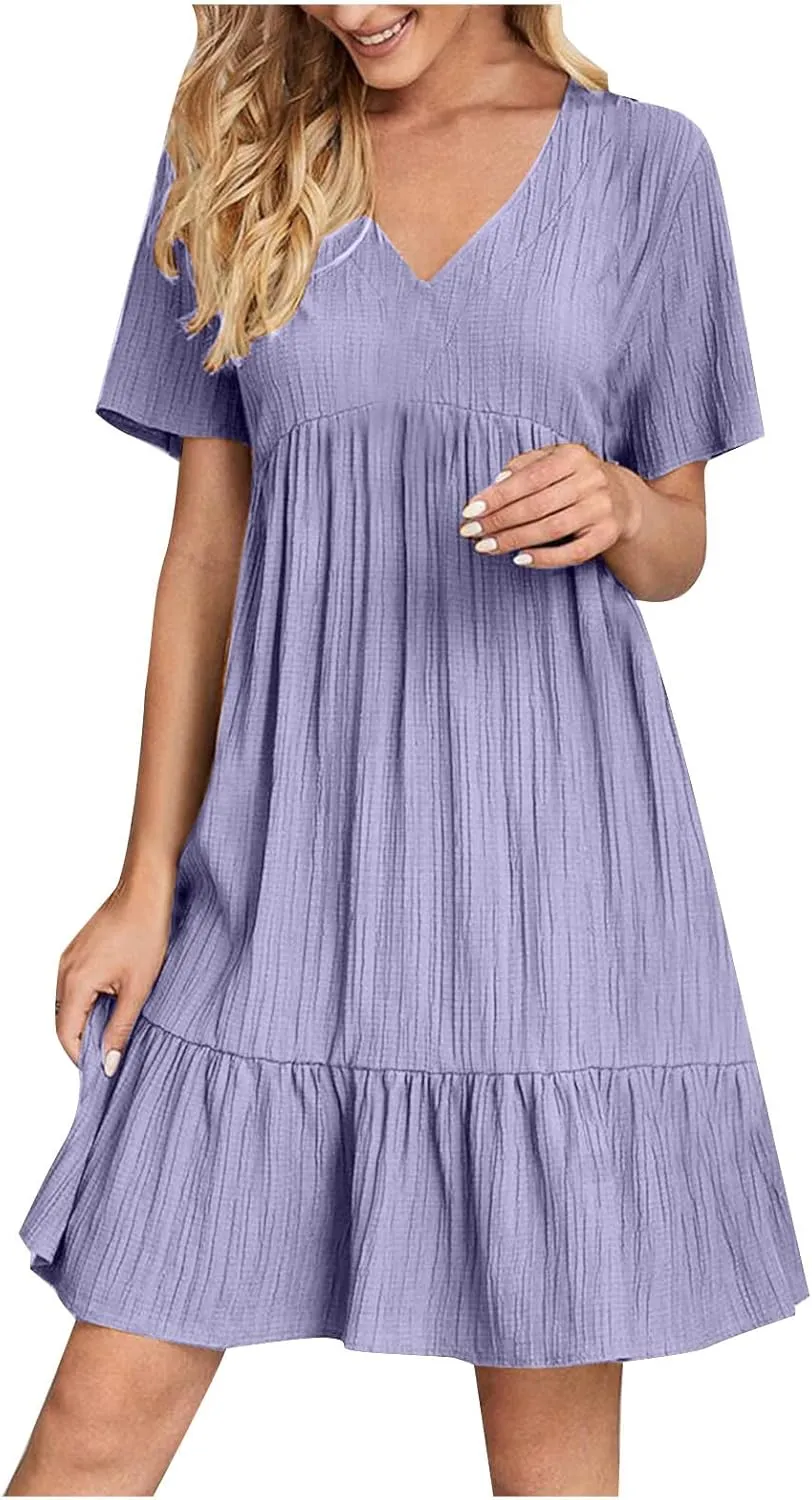 Women's Summer Dress 2024 Loose Crew Neck Short Sleeve Solid Sundress Casual Pleated Flowy Beach Mini Dresses