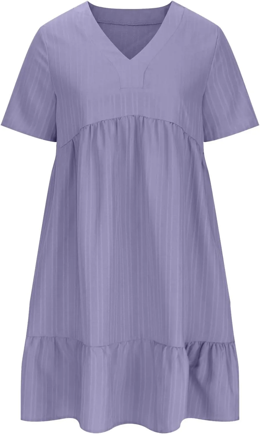 Women's Summer Dress 2024 Loose Crew Neck Short Sleeve Solid Sundress Casual Pleated Flowy Beach Mini Dresses