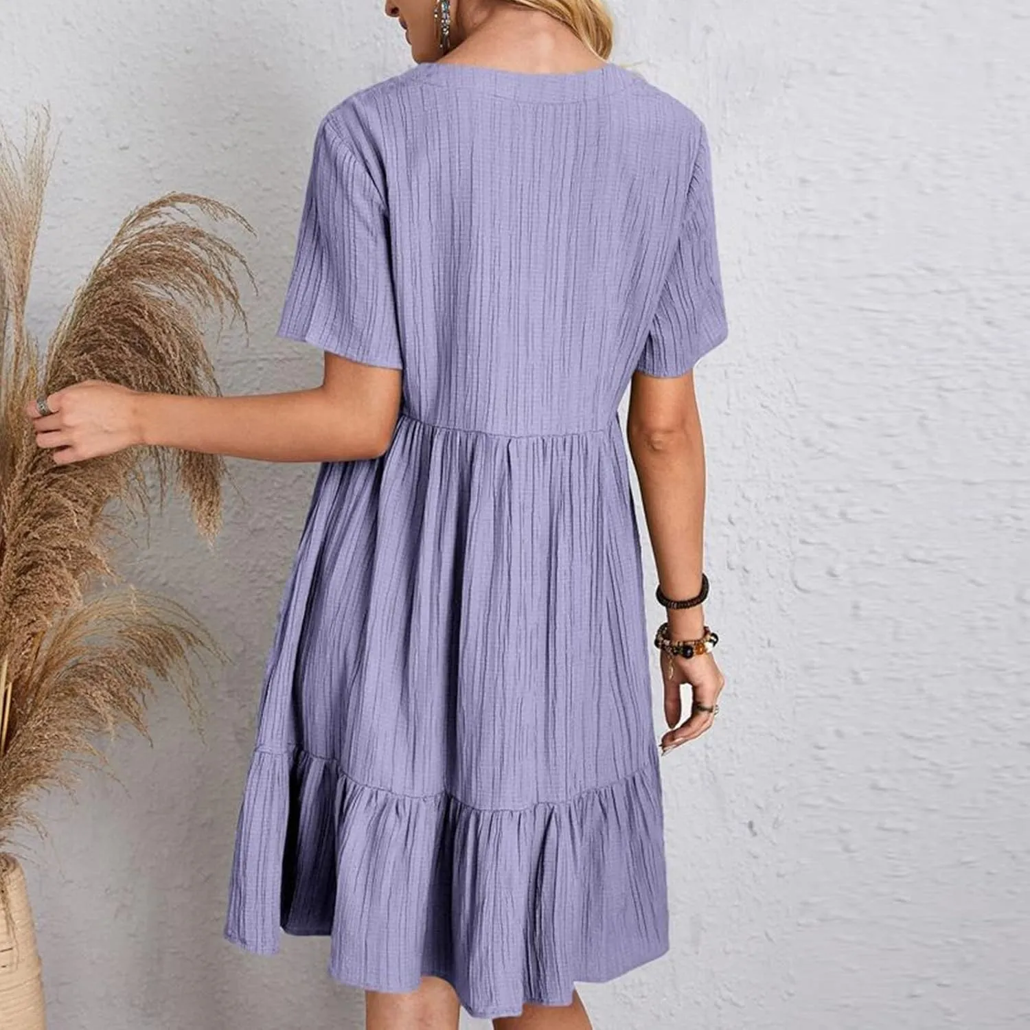 Women's Summer Dress 2024 Loose Crew Neck Short Sleeve Solid Sundress Casual Pleated Flowy Beach Mini Dresses
