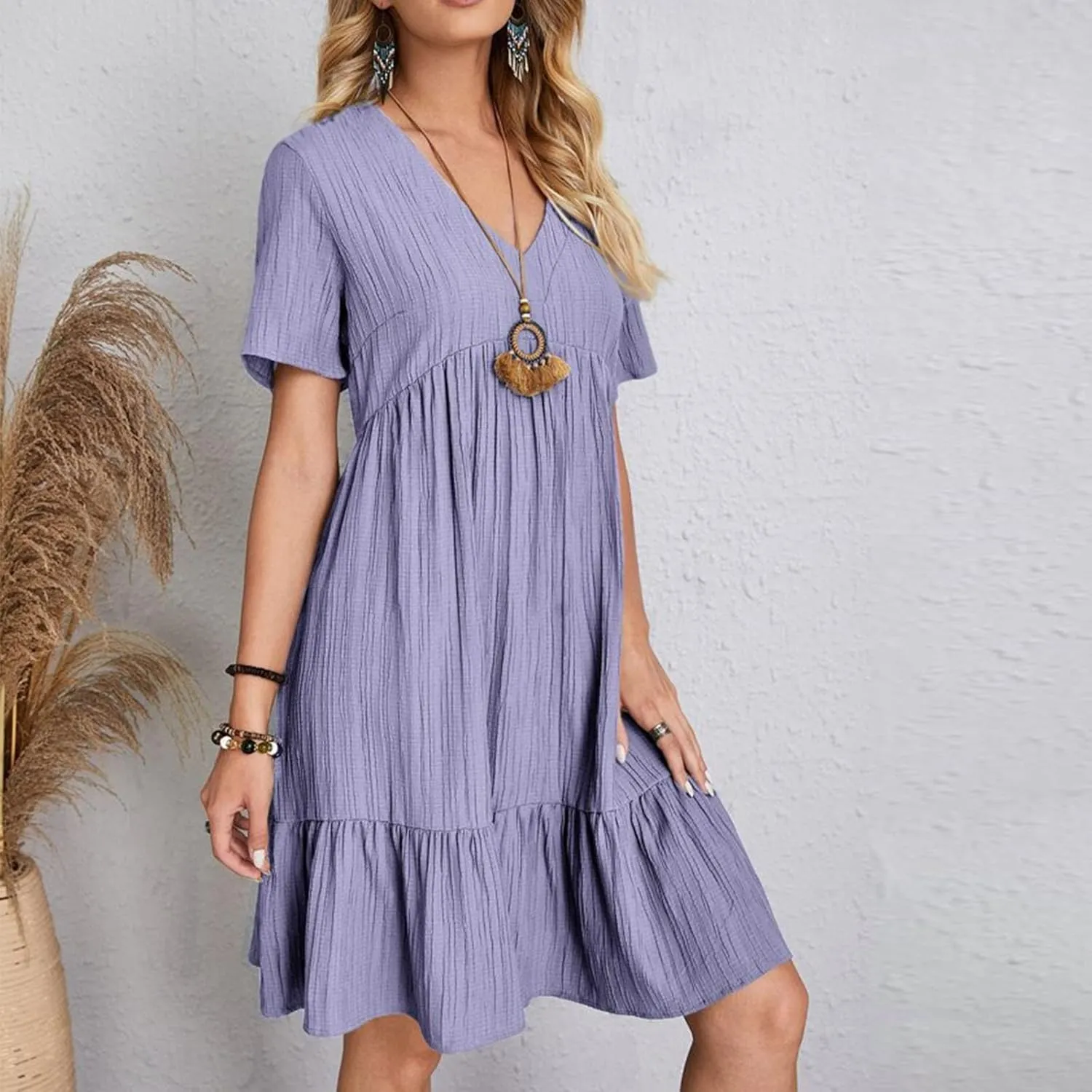Women's Summer Dress 2024 Loose Crew Neck Short Sleeve Solid Sundress Casual Pleated Flowy Beach Mini Dresses