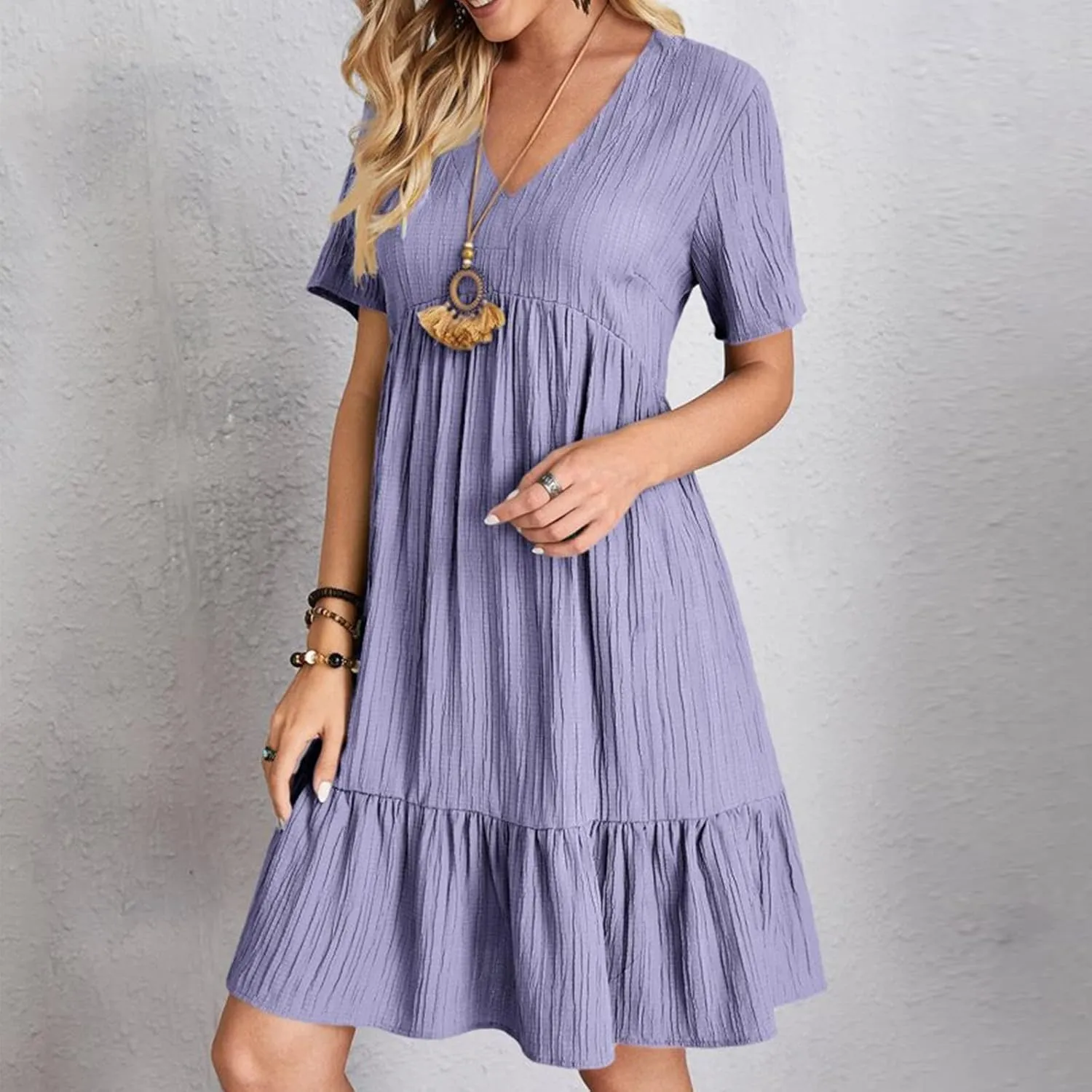 Women's Summer Dress 2024 Loose Crew Neck Short Sleeve Solid Sundress Casual Pleated Flowy Beach Mini Dresses