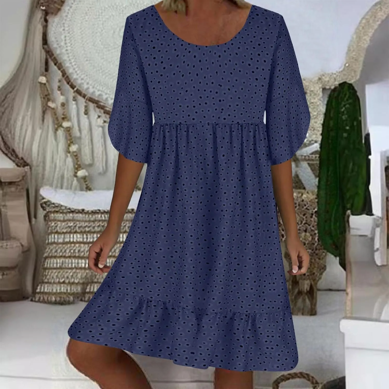 Womens Summer Dresses 2024 Casual Loose Crewneck Flowy Mini Dress Flowy Short Sleeve Empire Waist Ruffle Mini Dress