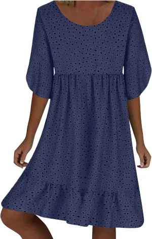 Womens Summer Dresses 2024 Casual Loose Crewneck Flowy Mini Dress Flowy Short Sleeve Empire Waist Ruffle Mini Dress