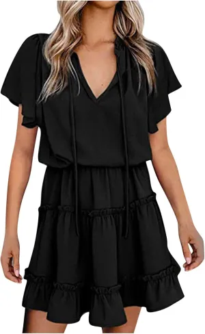 Womens Summer Sleeveless Dress V Neck Drawstring Ruffle Tiered Mini Dresses Fashion Casual Beach Vacation Outfits