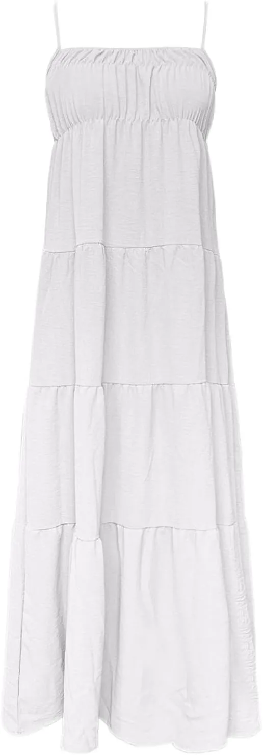 Womens Summer Suspender Dress Boho Sleeveless Pleated Maxi Dress Ruffle Flowy A-Line Elastic Waist Mini Sundress 2025 Trendy