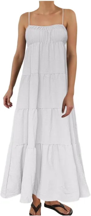 Womens Summer Suspender Dress Boho Sleeveless Pleated Maxi Dress Ruffle Flowy A-Line Elastic Waist Mini Sundress 2025 Trendy