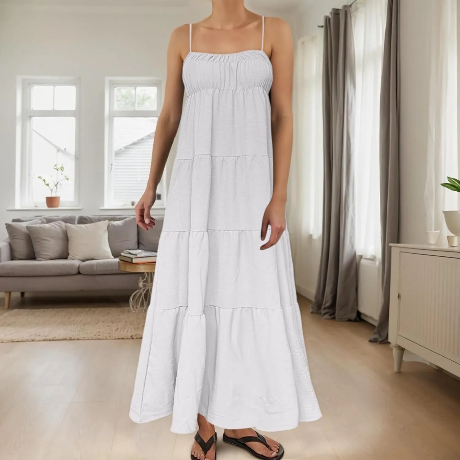 Womens Summer Suspender Dress Boho Sleeveless Pleated Maxi Dress Ruffle Flowy A-Line Elastic Waist Mini Sundress 2025 Trendy