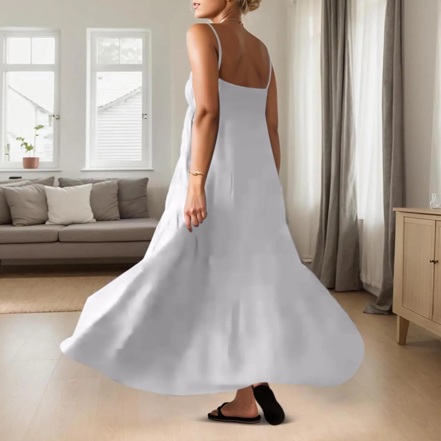 Womens Summer Suspender Dress Boho Sleeveless Pleated Maxi Dress Ruffle Flowy A-Line Elastic Waist Mini Sundress 2025 Trendy