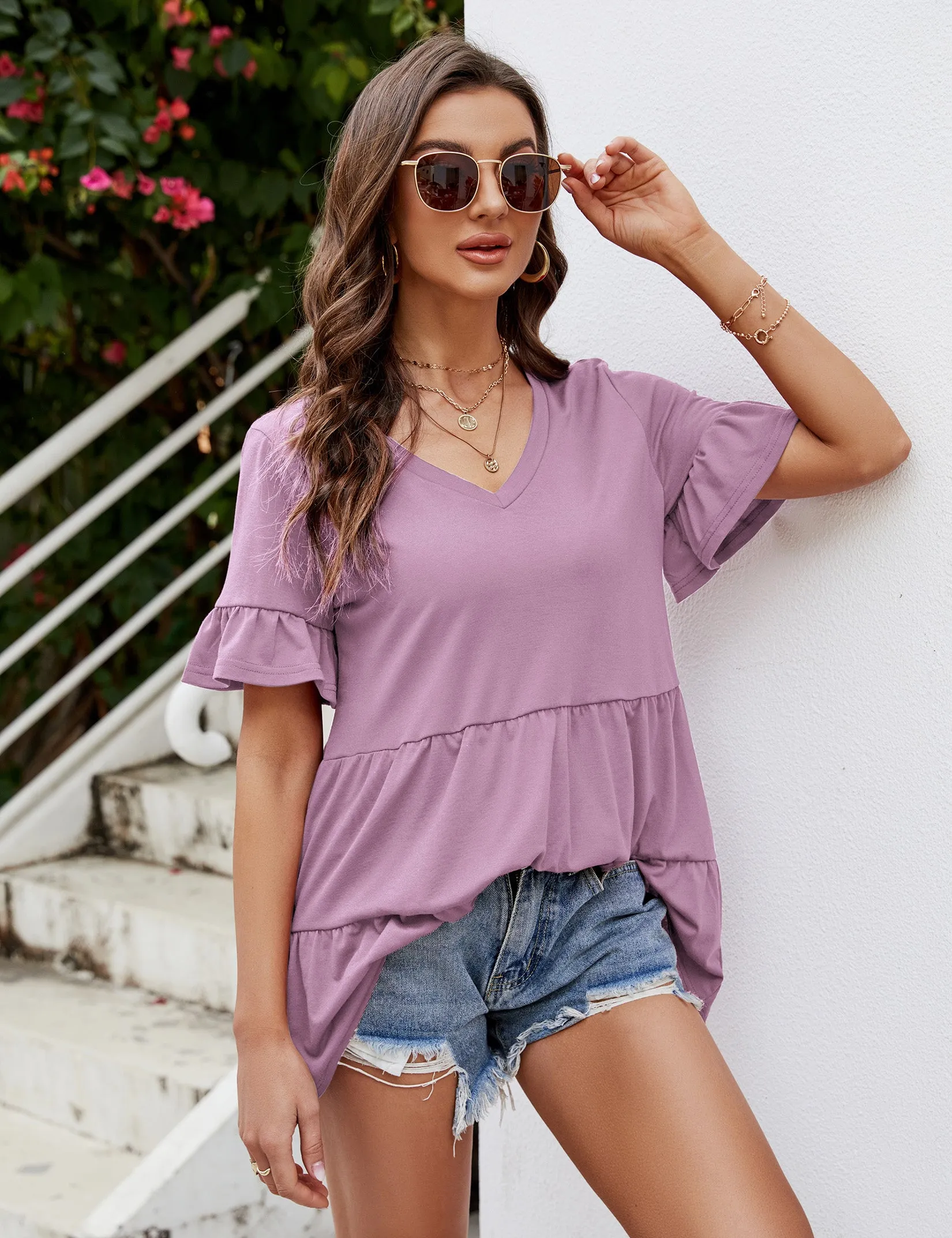 YESFASHION Peplum Tops for Women Summer Casual V Neck T Shirts Green