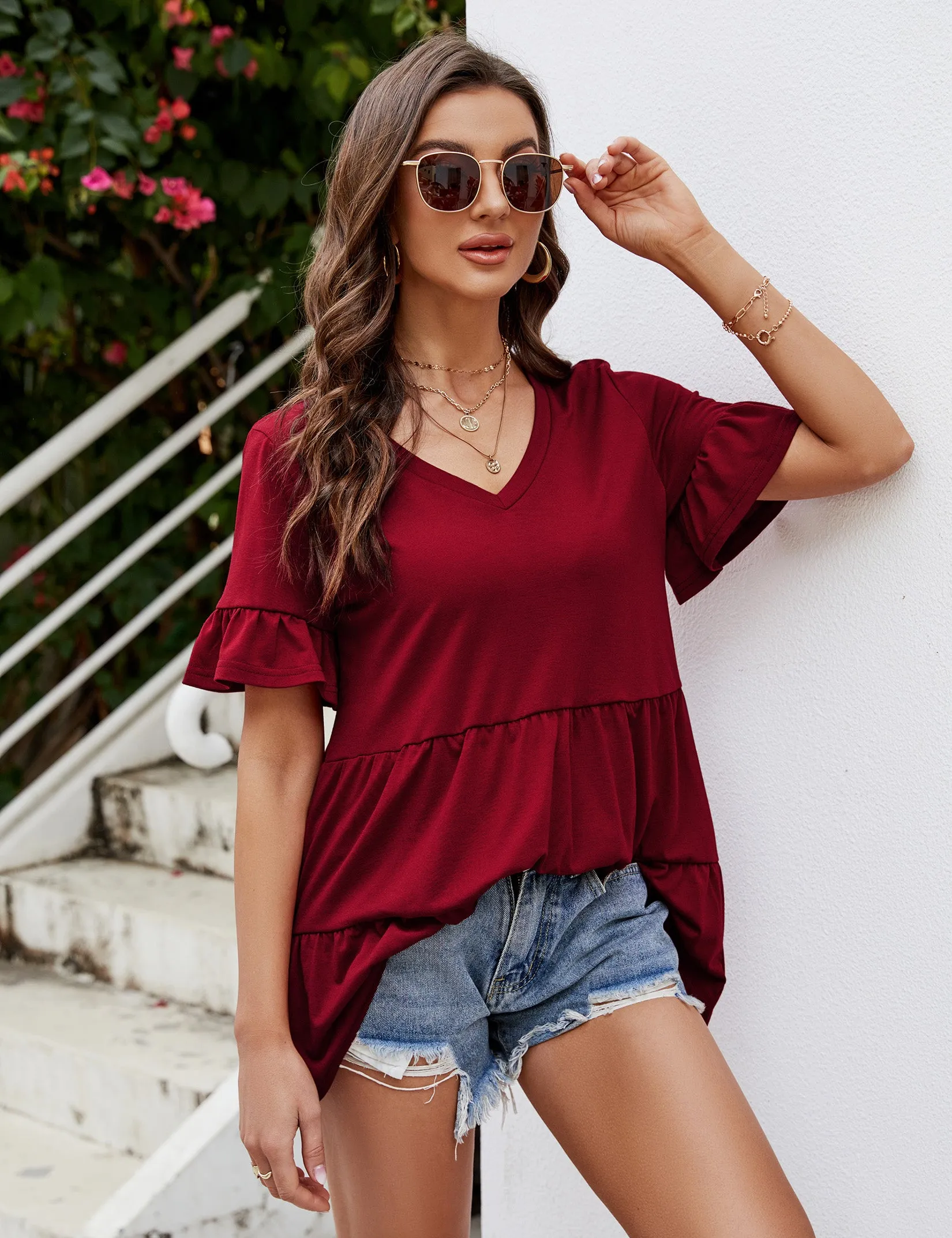 YESFASHION Peplum Tops for Women Summer Casual V Neck T Shirts Green