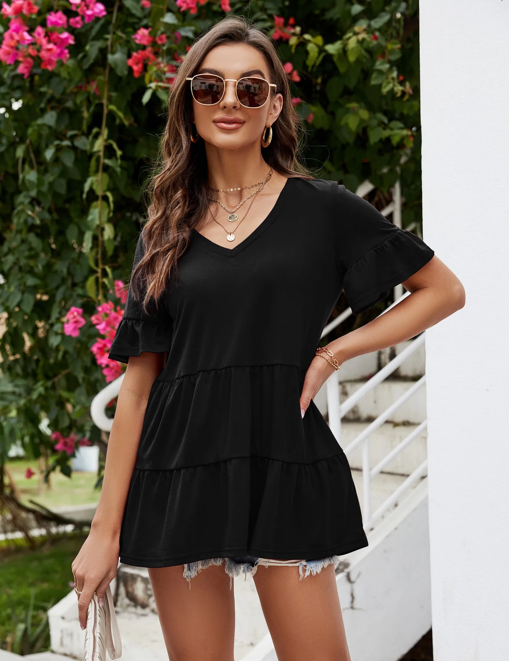 YESFASHION Peplum Tops for Women Summer Casual V Neck T Shirts Green