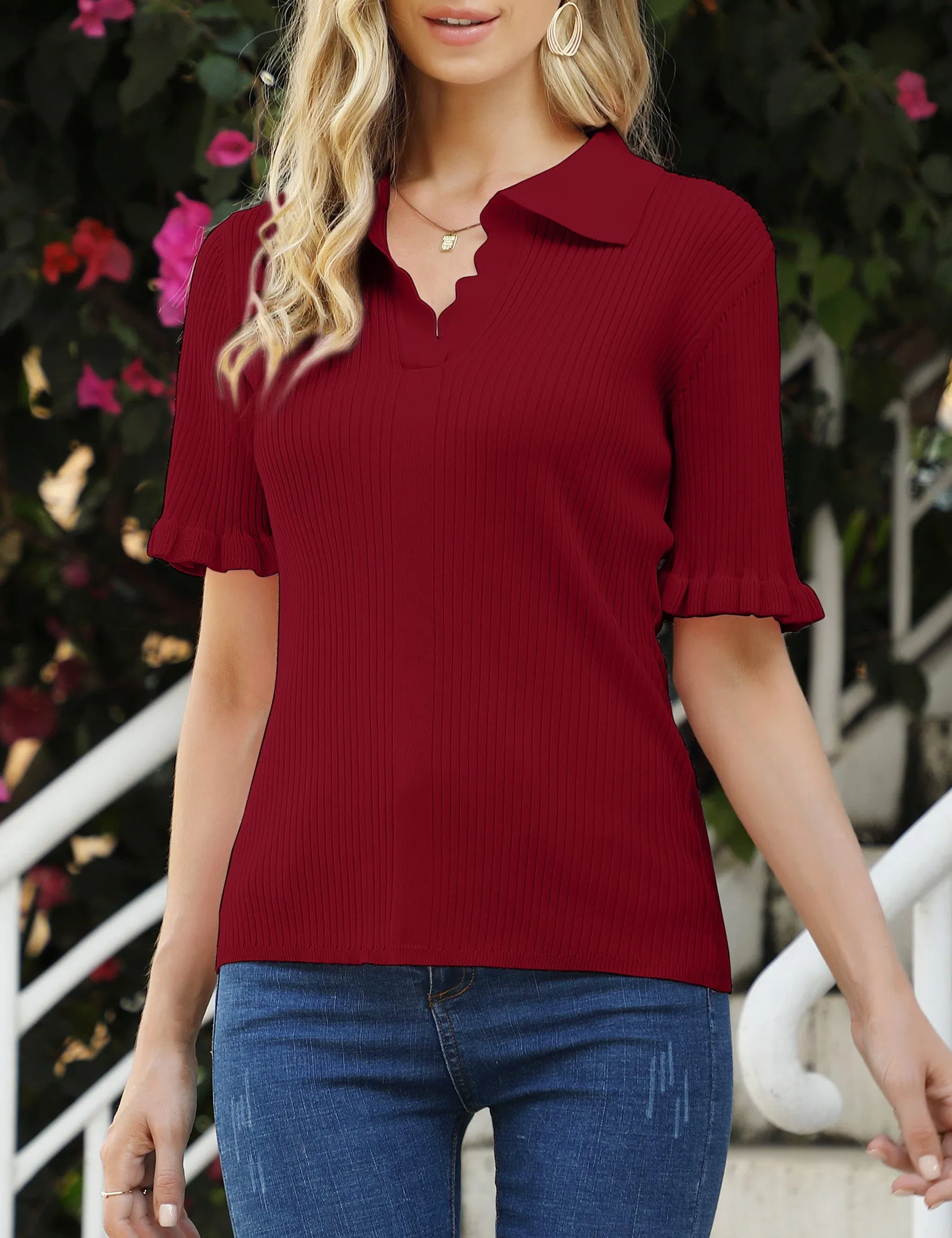 YESFASHION Womens Short Sleeve Polo Sweaters Ruffle Knit Tops