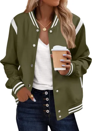 Zeagoo Bomber Jacket Women Varsity Casual Button Down Lightweight Spring Short Outwear with Pockets