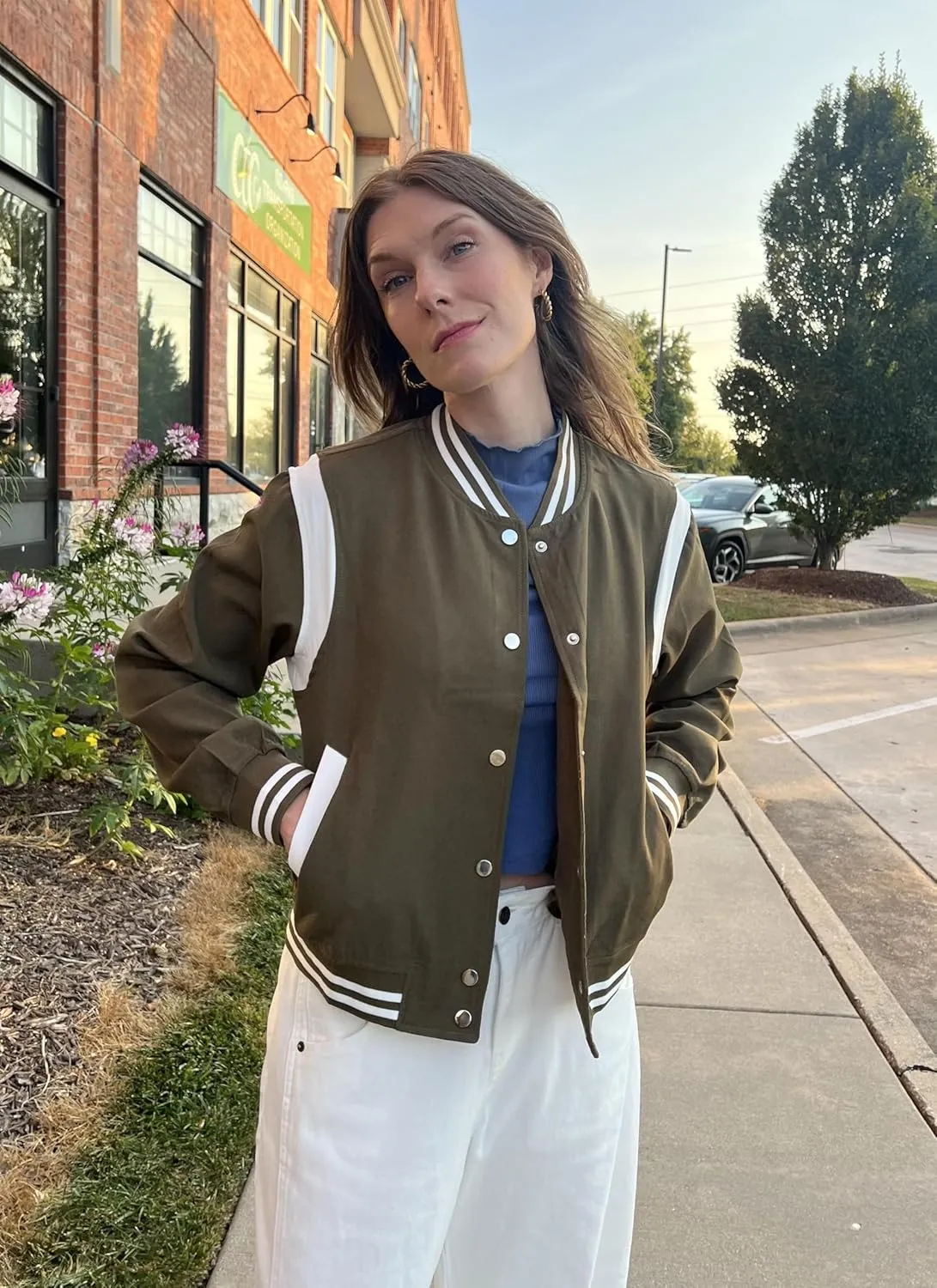 Zeagoo Bomber Jacket Women Varsity Casual Button Down Lightweight Spring Short Outwear with Pockets