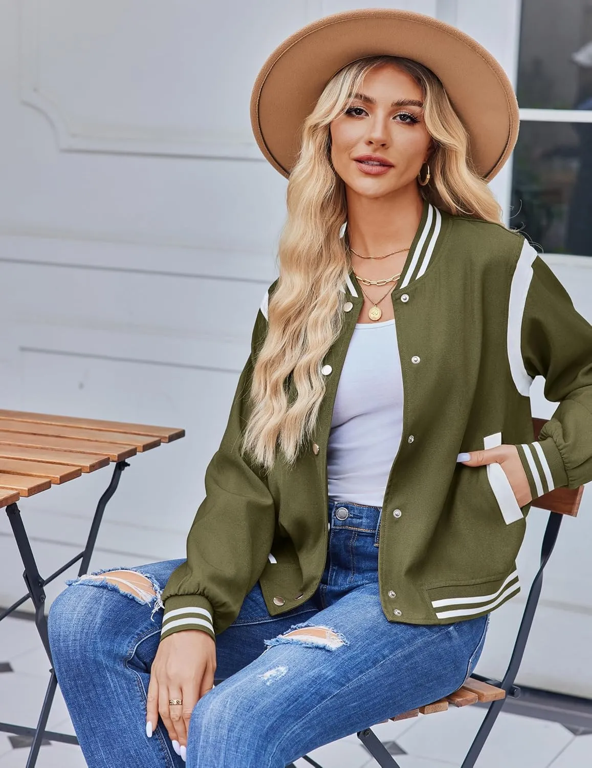 Zeagoo Bomber Jacket Women Varsity Casual Button Down Lightweight Spring Short Outwear with Pockets