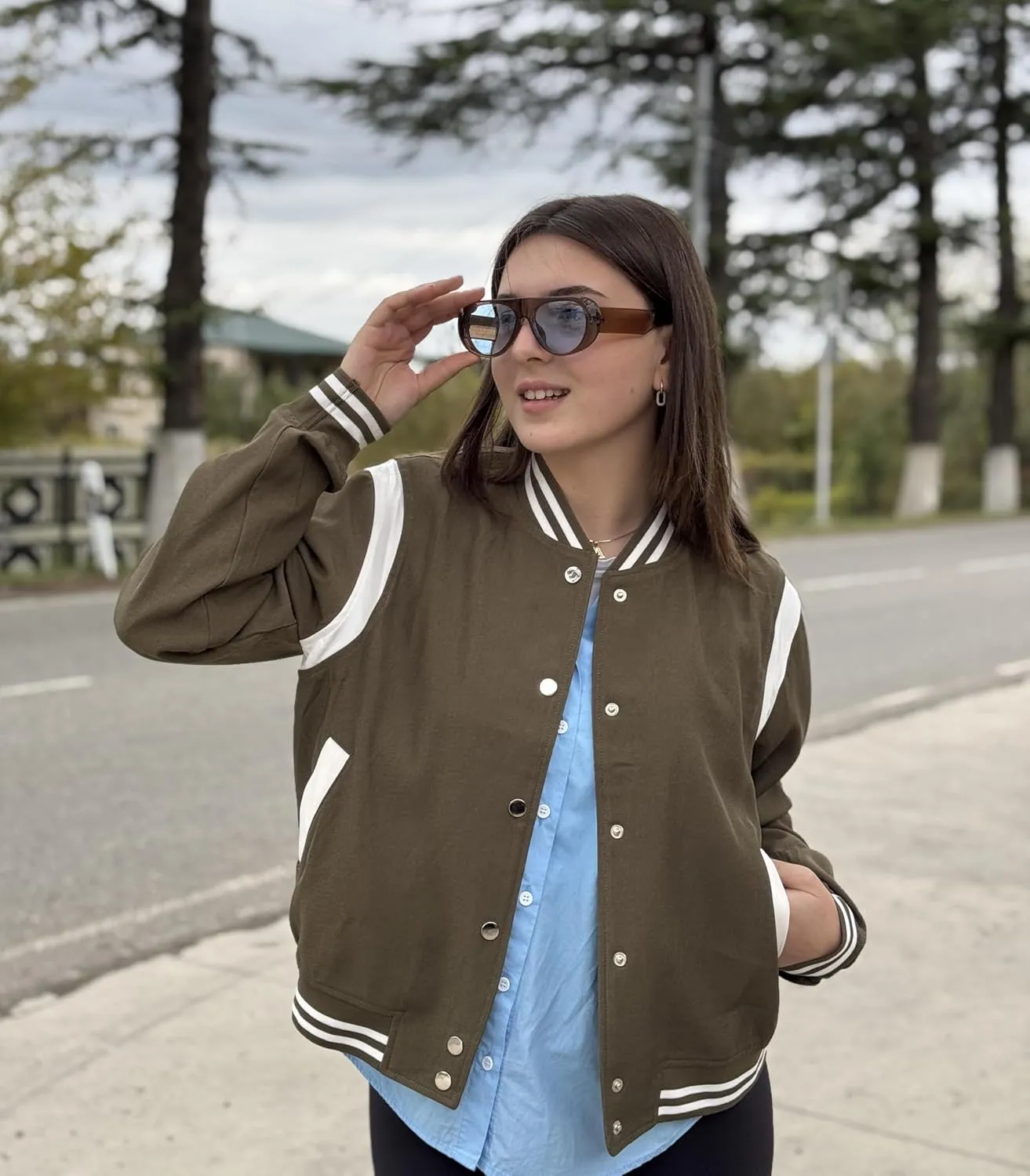 Zeagoo Bomber Jacket Women Varsity Casual Button Down Lightweight Spring Short Outwear with Pockets