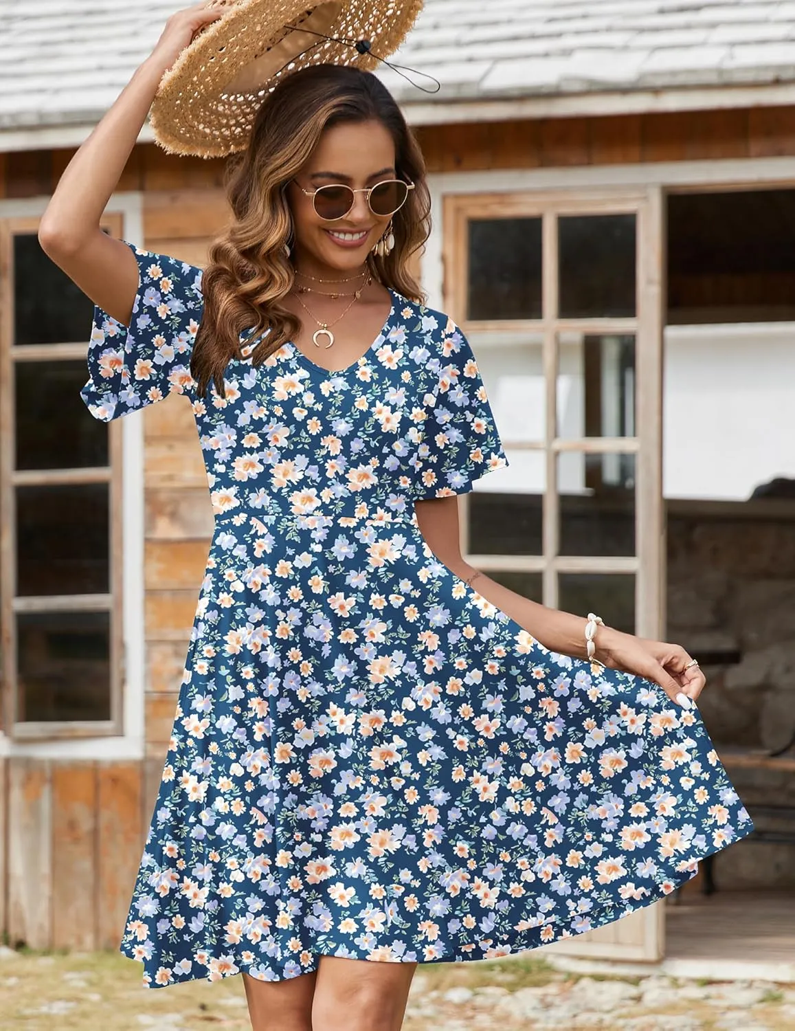 Zeagoo Womens Summer Dress Casual Swing Floral Ruffle Short Sleeve Sundresses Beach Mini A-line Shift Dress 2025 with Pockets