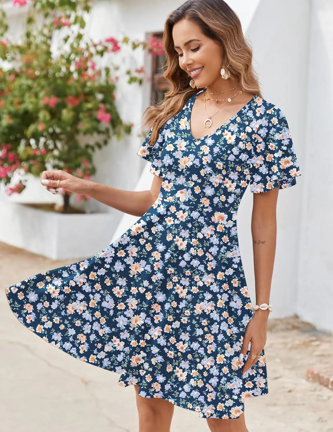 Zeagoo Womens Summer Dress Casual Swing Floral Ruffle Short Sleeve Sundresses Beach Mini A-line Shift Dress 2025 with Pockets
