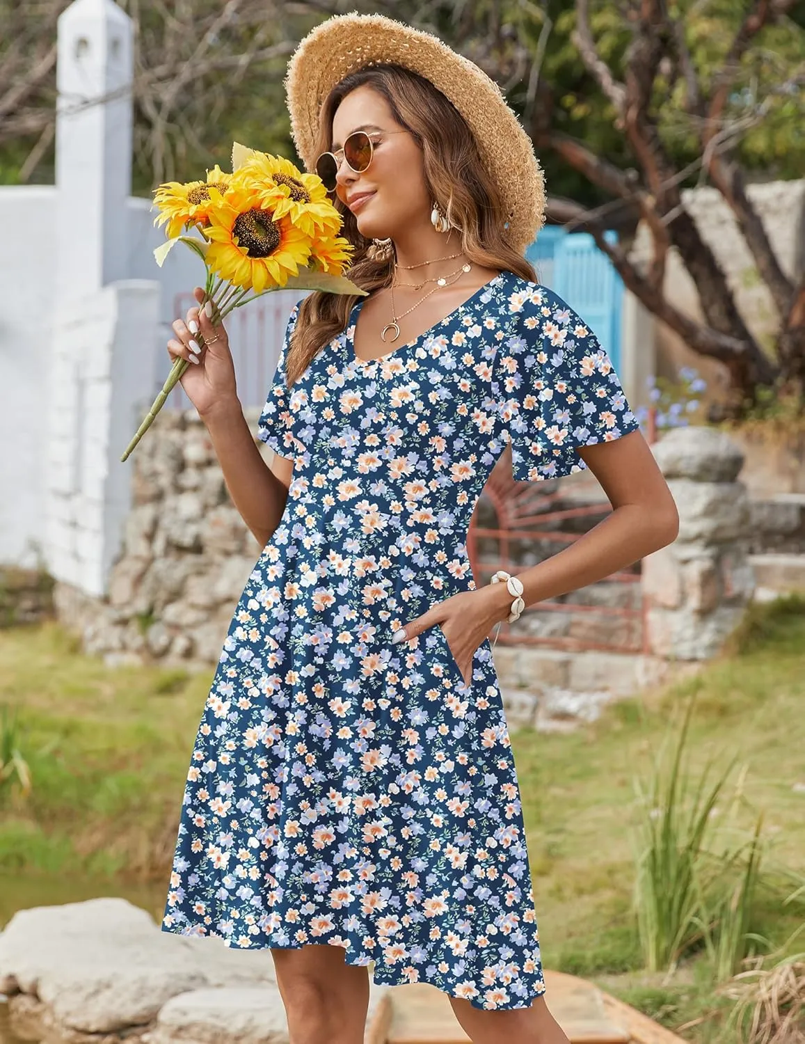 Zeagoo Womens Summer Dress Casual Swing Floral Ruffle Short Sleeve Sundresses Beach Mini A-line Shift Dress 2025 with Pockets