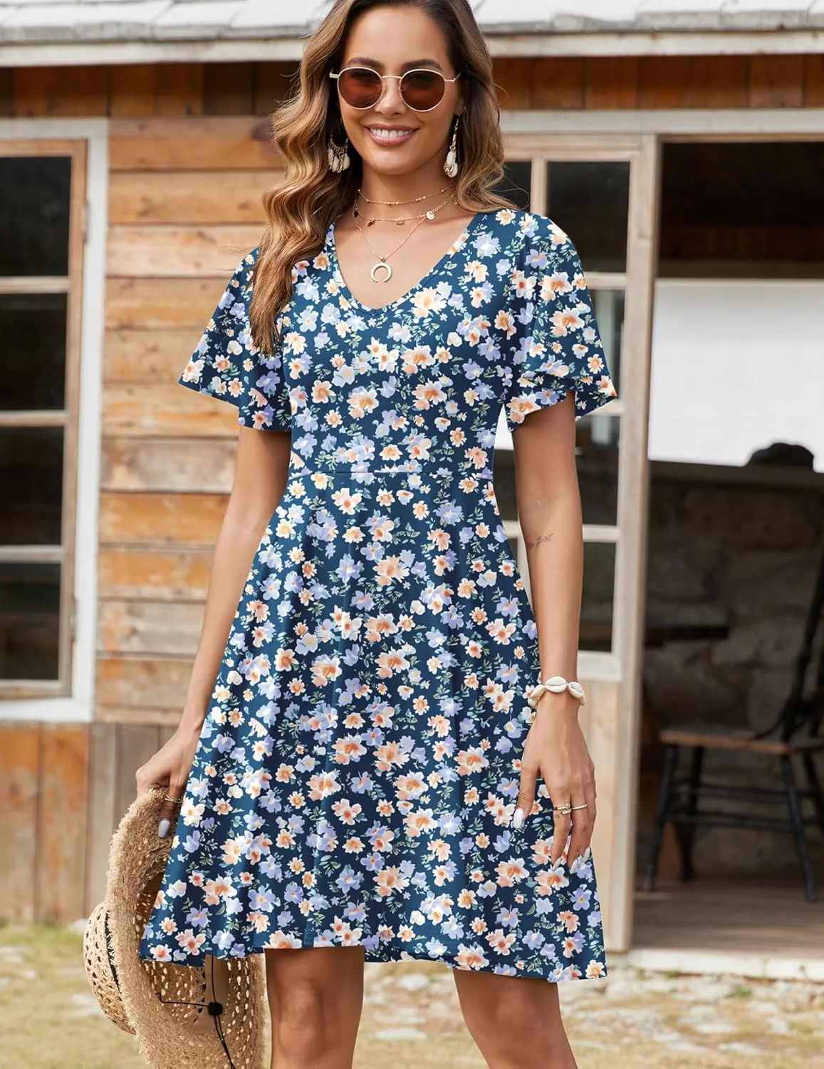 Zeagoo Womens Summer Dress Casual Swing Floral Ruffle Short Sleeve Sundresses Beach Mini A-line Shift Dress 2025 with Pockets