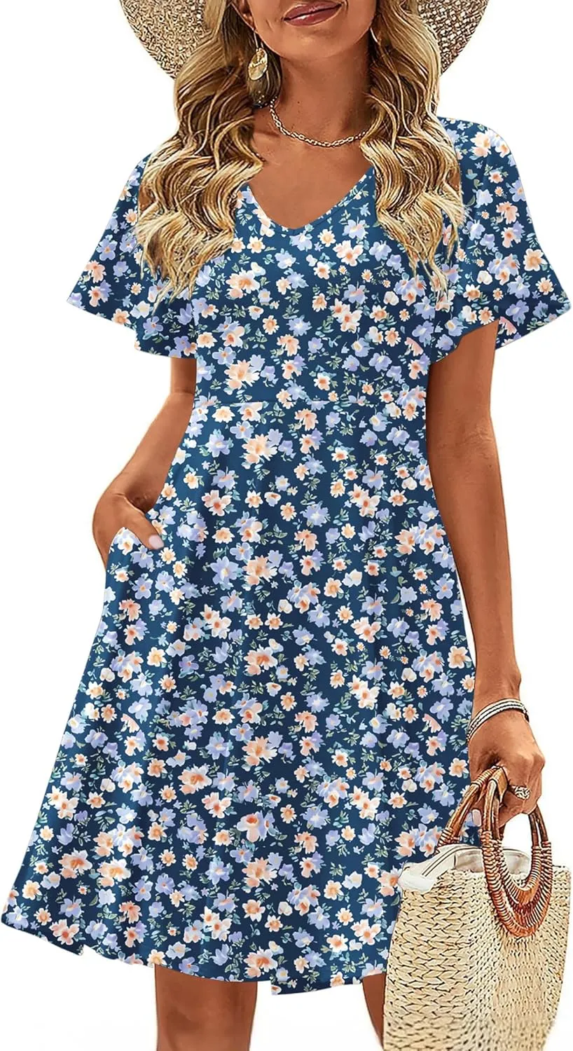 Zeagoo Womens Summer Dress Casual Swing Floral Ruffle Short Sleeve Sundresses Beach Mini A-line Shift Dress 2025 with Pockets
