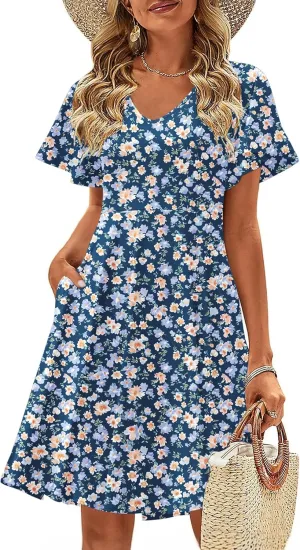 Zeagoo Womens Summer Dress Casual Swing Floral Ruffle Short Sleeve Sundresses Beach Mini A-line Shift Dress 2025 with Pockets