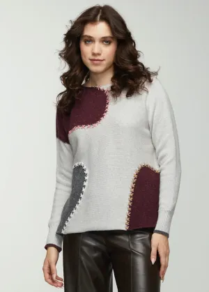 ZP5306 Boat Neck Knit Sweater W/Patch Work Design